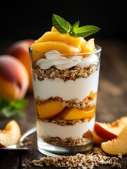 Aufkleber - Healthy yogurt parfait with layered peaches and granola topped with fresh mint leaves : Generative AI