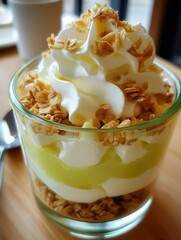 Aufkleber - Delicious parfait dessert layered with creamy custard, whipped cream and crunchy granola in a clear glass : Generative AI