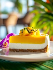 Poster - Artfully Presented Mango Cheesecake with Creamy Layers and Fresh Toppings on Display : Generative AI