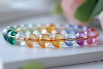 Poster - Vibrant bracelet showcasing carefully arranged colored beads with delicate reflections and artistic design : Generative AI