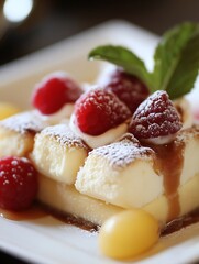 Aufkleber - Delicious dessert with fresh raspberries powdered sugar and a mint leaf on a white plate : Generative AI