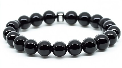Poster - Trendy black obsidian bead bracelet with a metal clasp on a white surface : Generative AI