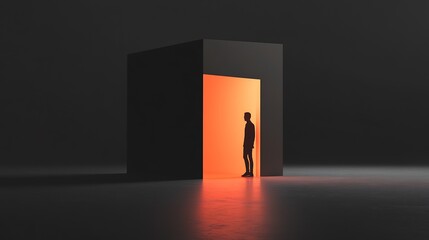 Poster - Solitary Figure in Silhouette Viewed from Behind Near a Bright Orange Doorway in a Dark Environment : Generative AI