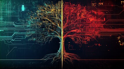Poster - Vibrant Digital Tree Artwork Blending Nature and Technology with Colorful Roots and Branches : Generative AI