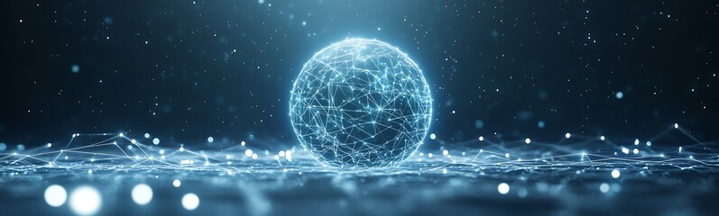Poster - Glowing sphere surrounded by shimmering light particles in a dark environment.