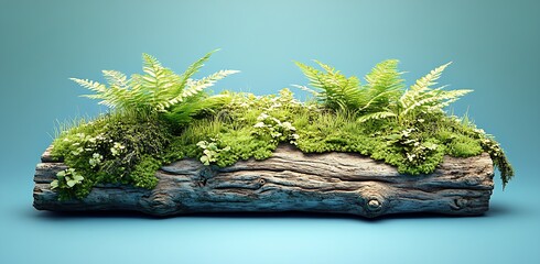 Aufkleber - Lush Greenery on a Rustic Log Displaying Nature's Beauty with Ferns and Moss : Generative AI
