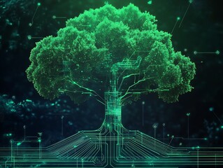 Poster - Innovative digital tree concept showcasing roots and circuits integrating nature and technology : Generative AI