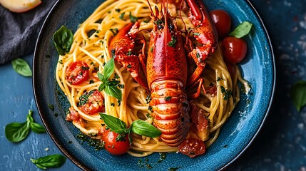Aufkleber - Savory Lobster Pasta Dish Served with Fresh Herbs and Cherry Tomatoes on a Plate : Generative AI