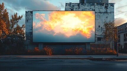 Poster - Dramatic Urban Scene with Billboards Displaying Cloudy Sunset Views Set Against Buildings : Generative AI