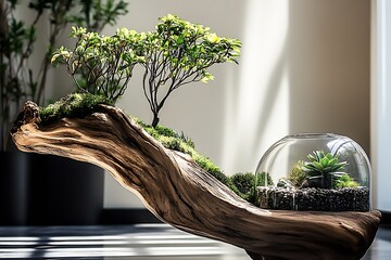 Poster - Elegant bonsai setup with a glass terrarium on a natural wood base illuminated by soft natural light : Generative AI