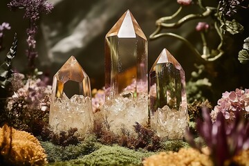 Aufkleber - Radiant Crystals Surrounded by Vibrant Greenery in Artistic Arrangement Showcasing Natural Elegance : Generative AI