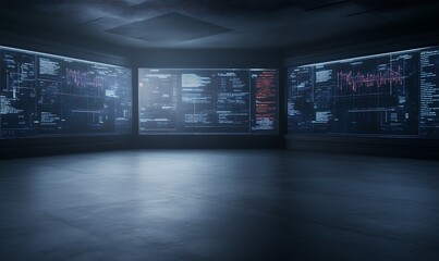 Poster - Futuristic empty room with large screens displaying digital data.