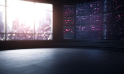 Poster - Futuristic interior with large windows showcasing a vibrant cityscape at dusk.