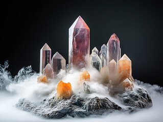Poster - Elegant arrangement of various crystals on a rocky base shrouded in mist capturing enchanting beauty : Generative AI