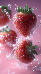 Poster - Dynamic splash of ripe strawberries against a pink backdrop creating vibrant water droplets around them : Generative AI