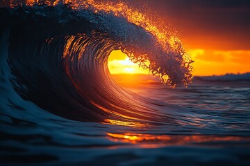 Wall Mural - Stunning wave capturing the sunset glow in vibrant hues of orange and blue : Generative AI