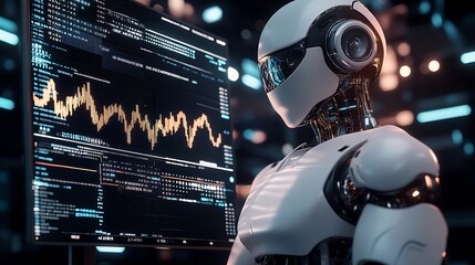 Aufkleber - Futuristic robotic humanoid standing in front of a high-tech screen displaying complex data and analytics : Generative AI