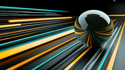 Poster - Dynamic motion of a reflective sphere on vibrant stripes abstract art digital environment close-up view