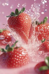 Sticker - Vibrant red strawberries creating stunning splashes of water against a dreamy pink background : Generative AI