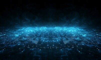 Aufkleber - Futuristic digital landscape illuminated by glowing blue lights against a dark background.