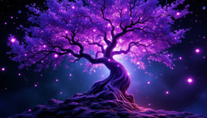 Wall Mural - magical purple tree stands against a dreamy starry night