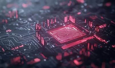 Poster - Abstract representation of a microchip with glowing red elements on a dark circuit board background.