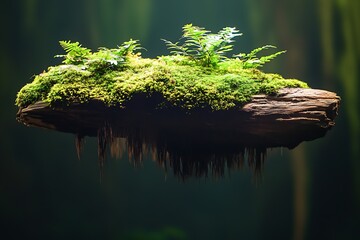 Aufkleber - Floating mossy island with delicate plants thriving on driftwood in a soft light background : Generative AI