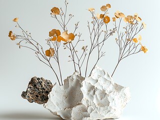 Poster - Artistic floral display featuring pressed leaves and rocks in a stylish white container for interior decoration : Generative AI