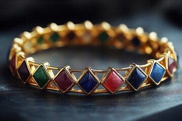 Poster - Artistic close shot of a vibrant golden bracelet with colorful gemstone insets reflecting light : Generative AI