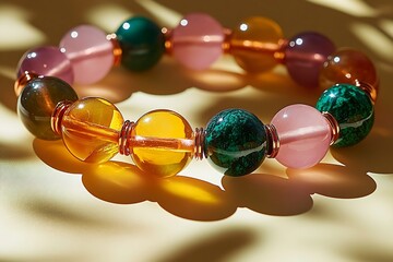 Poster - Artistic display of a colorful gemstone bracelet showcasing various vibrant beads under soft light : Generative AI