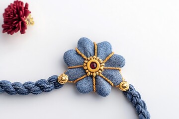 Poster - Beautiful handmade denim flower bracelet with red accents and intricate golden detailing perfect for fashion-forward individuals : Generative AI