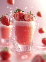 Poster - Delicious Strawberry Drink with Bubbles and Floating Fruit Captured in Perfect Moment : Generative AI