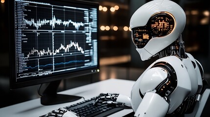 Poster - Advanced robotic system analyzing market data on high-resolution screens in a modern office : Generative AI