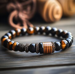 Poster - Stylish Tiger Eye Bracelet Featuring Unique Design with Natural Vibes on Wood : Generative AI
