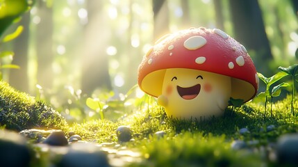 Poster - Playful and Happy Animated Mushroom Character Surrounded by Nature's Beauty : Generative AI