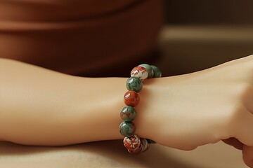 Poster - Stylish bracelet adorned with colorful red and green gemstones elegantly accentuating a wrist in soft lighting : Generative AI
