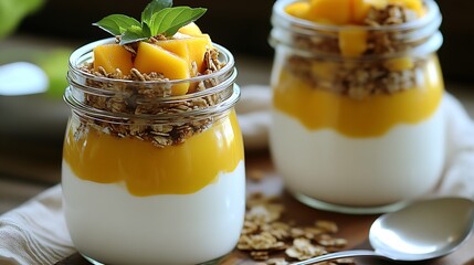 Poster - Close-Up View of a Mango Parfait Layered with Granola and Creamy Yogurt in a Jar : Generative AI