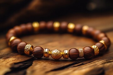 Poster - Stylish Closeup of Design-Driven Wooden Beaded Bracelet Featuring Distinct Gold Element : Generative AI
