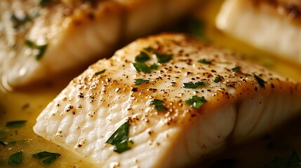 Aufkleber - Close-Up View of Juicy Grilled Fish Fillet Topped with Fresh Parsley and Spices : Generative AI