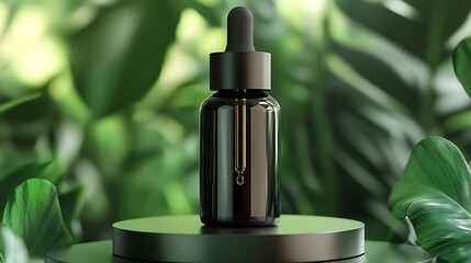 Aufkleber - Stylish dark dropper bottle filled with golden essential oil displayed on a round pedestal surrounded by foliage : Generative AI