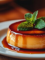 Poster - Delicious caramel flan topped with mint leaves on a plate showcasing rich flavors and textures : Generative AI