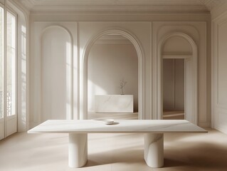 Poster - Stylish dining area showcasing a white table elegantly arranged with subtle decor accents : Generative AI