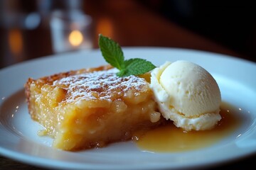 Poster - Delicious warm dessert served with vanilla ice cream and fresh mint leaves on a white plate : Generative AI