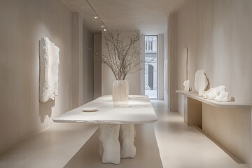 Poster - Elegant art gallery interior with textured white walls and contemporary sculptures displayed : Generative AI