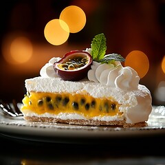 An appetizing slice of passion fruit mousse cake topped with fresh mint leaves, set against a dreamy bokeh background full of warm light : Generative AI