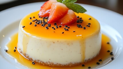 Poster - Tempting Cheesecake with Glazed Mango and Strawberry Topping Served on a Plate for Dessert : Generative AI