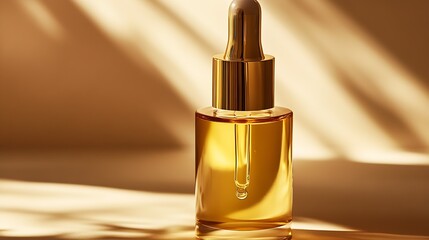 Aufkleber - Premium golden oil dropper bottle presented artfully in beautiful natural light on a soft surface : Generative AI