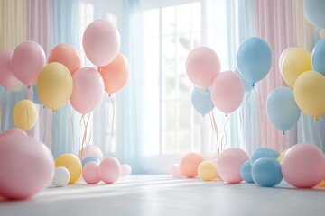 Poster - A cheerful arrangement of pastel balloons filling a vibrant room with soft natural light highlighting the colors : Generative AI