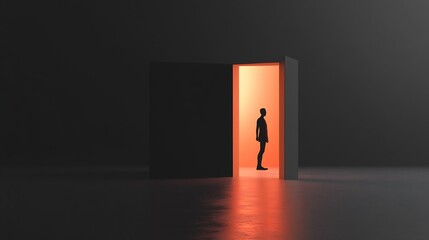 Poster - Artistic Representation of a Person in Silhouette near a Brightly Lit Doorway in a Dark Space : Generative AI