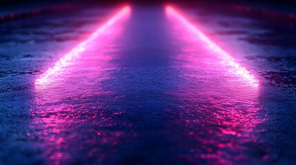 Poster - Neon Pink Purple Light Beams On Dark Reflective Surface
